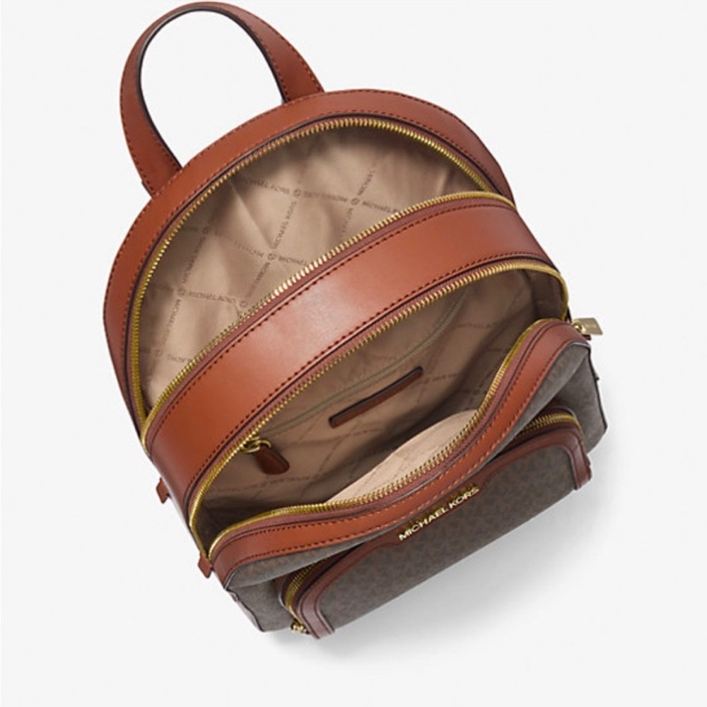 New Michael Kors Medium Signature Brown Backpack with Gold Details - Picture 2 of 4
